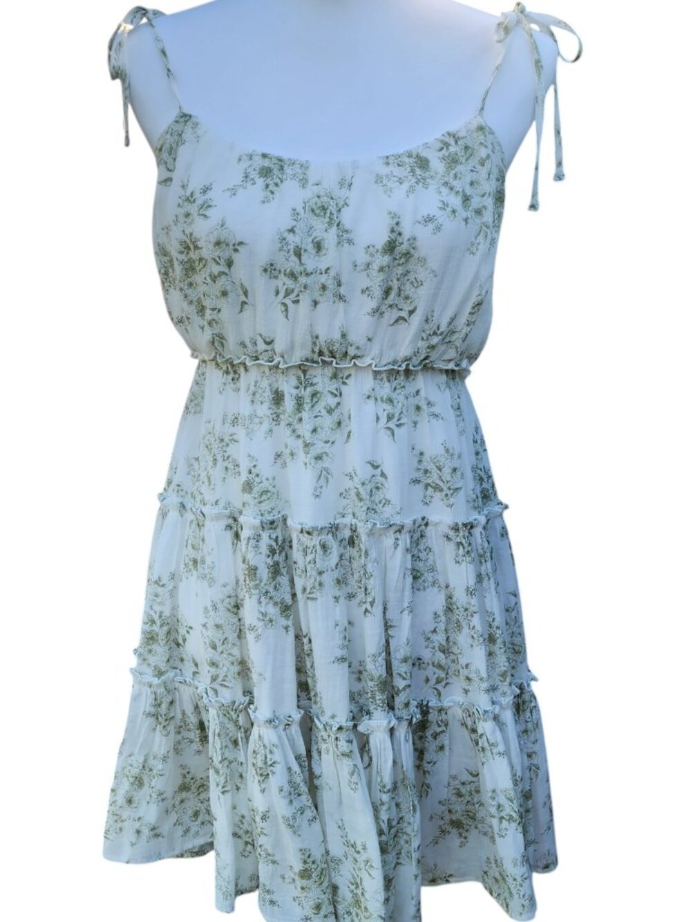 MINE Green Floral Tiered Sundress Tie Strap Cottagecore Dress